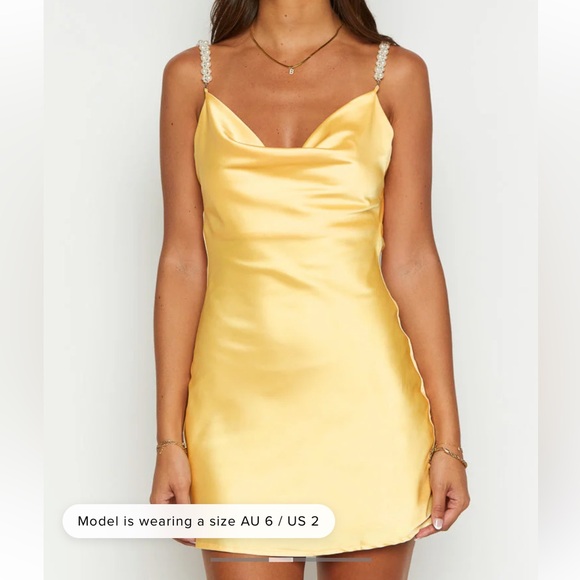 Yellow Satin Cowl Neck Mini Dress - Picture 2 of 4